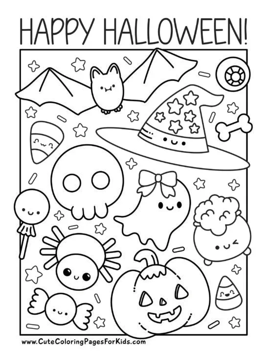 coloring sheet with words Happy Halloween and page filled with kawaii Halloween elements, such as a cute bat, a witch hat with smiley face, a kawaii spider, cute candy, a ghost with a bow, and stars and sprinkles.