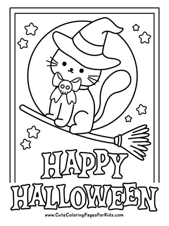 coloring page of cute halloween cat dressed as a witch flying on a broom with the moon in the background and the words happy halloween