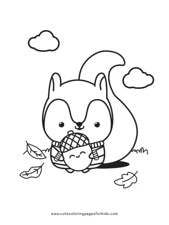 fall coloring sheet with cute squirrel holding happy acorn