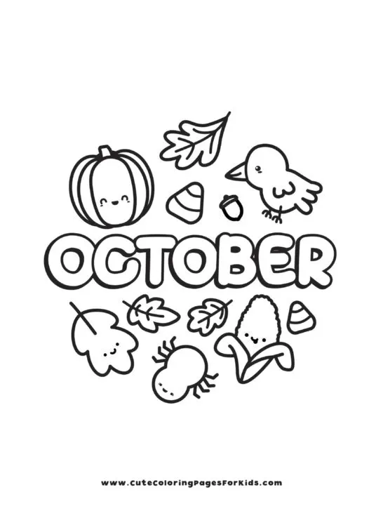 october coloring page of pumpkin, crow, leaves, and corn with the word October