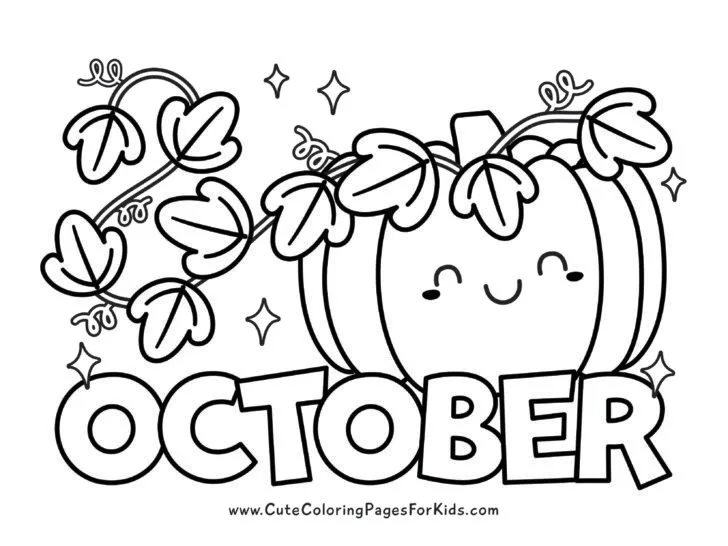 cute October coloring page with smiling pumpkin that has vines and the word October