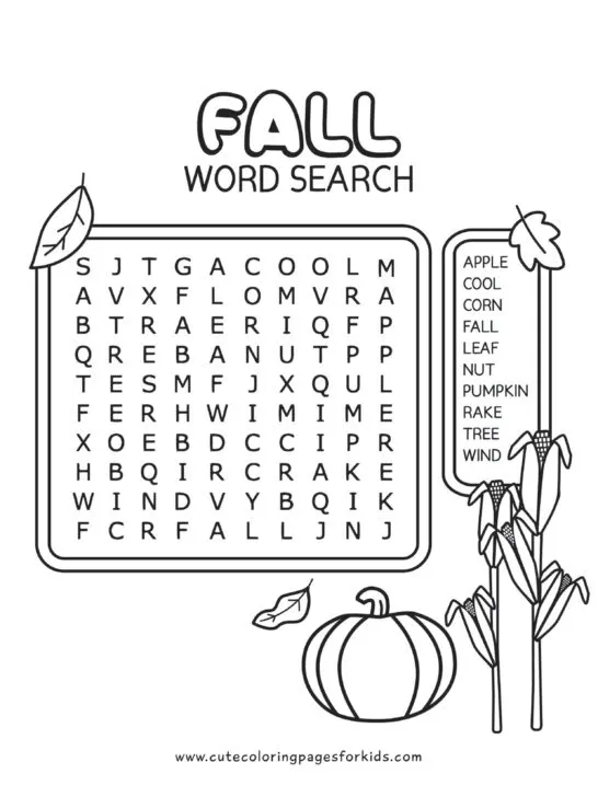 easy fall word search for kids with simple design