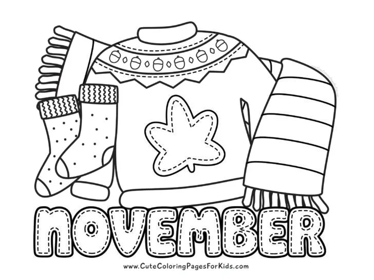 november coloring page with a cozy sweater that has a leaf and acorn on it, with a striped scarf and a pair of socks with the word november at the bottom