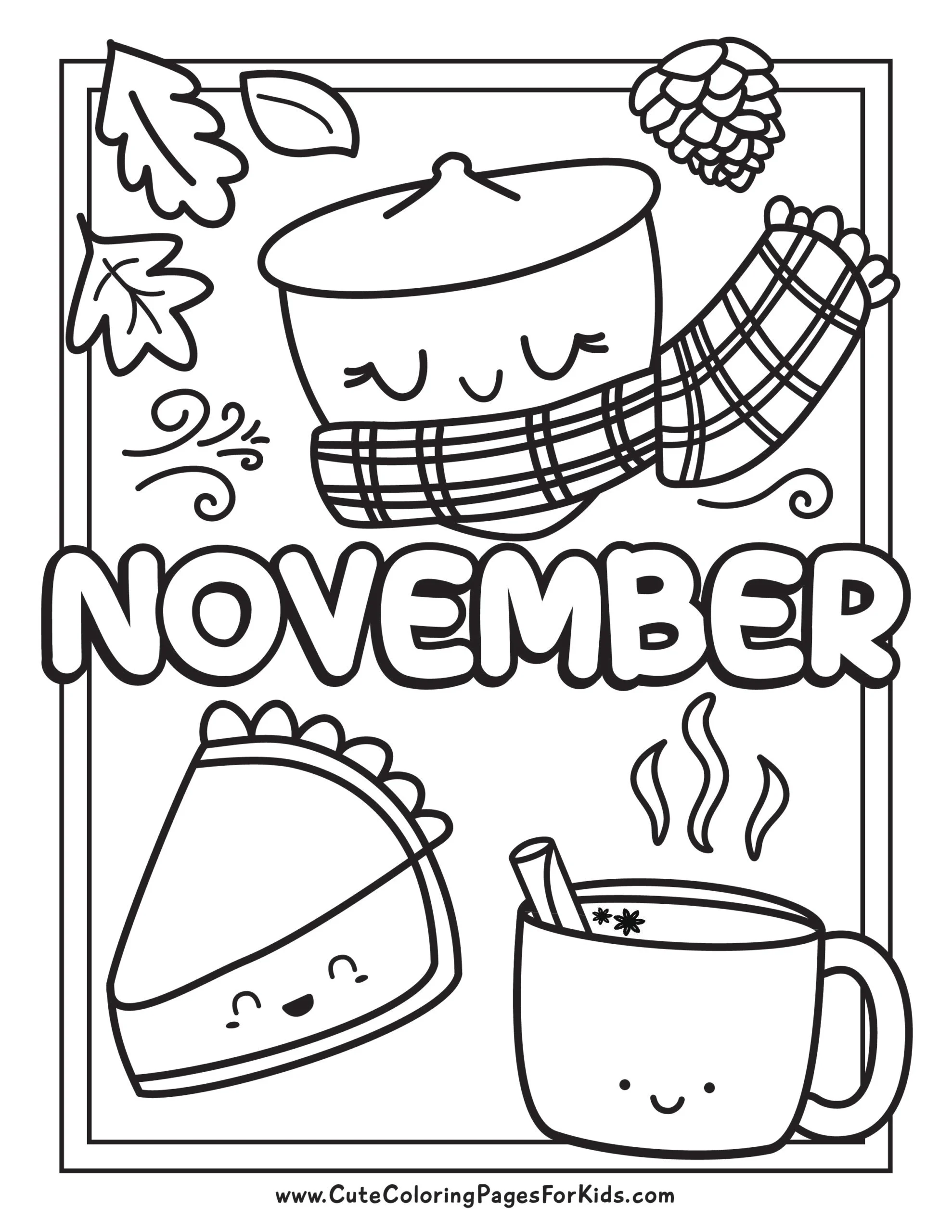 coloring sheet with the word november plus cute kawii characters of pumpkin pie slice, cider mug, and acorn wearing a scarf