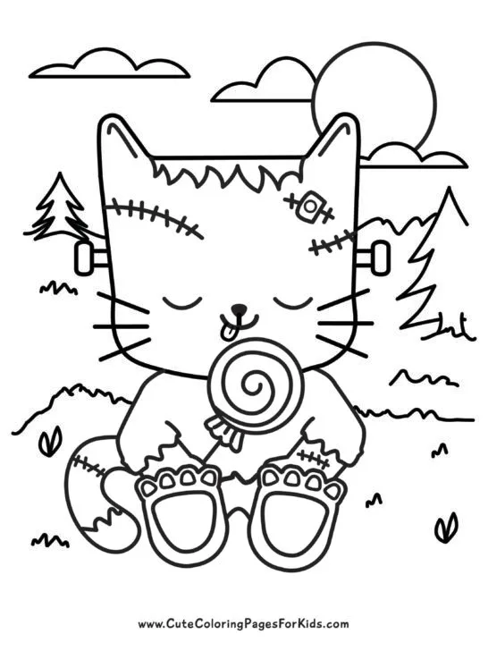 Drawing of a Frankenstein Cat who is sitting in a field and licking a lollipop. Image is a representation of a coloring page for download.