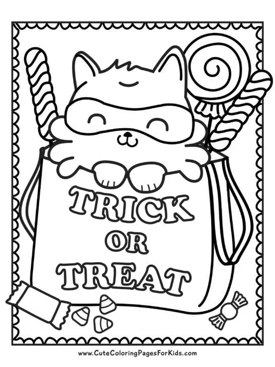 drawing of cute cat popping out of trick or treat bag with candy and lolipops