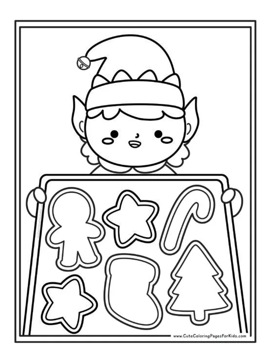Christmas elf coloring page with picture of an elf holding a tray of Christmas cookies.