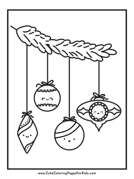 kawaii christmas ornaments coloring sheet with four ornaments in different designs