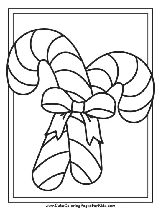 simple candy cane coloring page with two candy canes wrapped in a bow