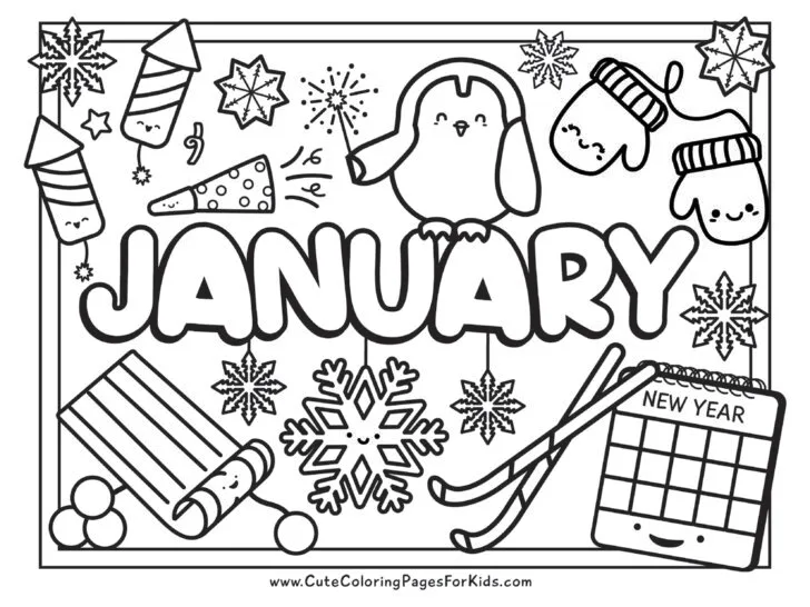 January coloring page with cute drawings of a penguin, firecrackers, noisemakers, mittens, snowflakes, a sled, and a calendar.