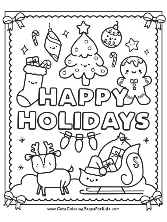 Happy Holidays coloring page with festive kawaii holiday elements