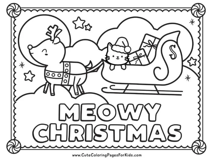 Meowy Christmas coloring page with kitten in a sleigh being led by a reindeer