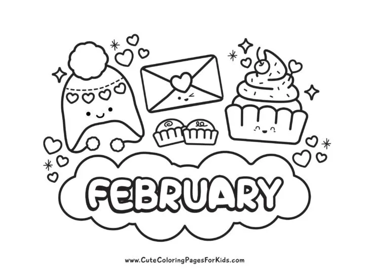 Coloring page with line drawings of a cute winter hat, bon bons, a cupcake, an envelope, and the word Feburary.