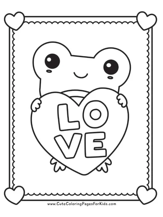simple frog illustration holding a heart with L-O-V-E in kawaii style