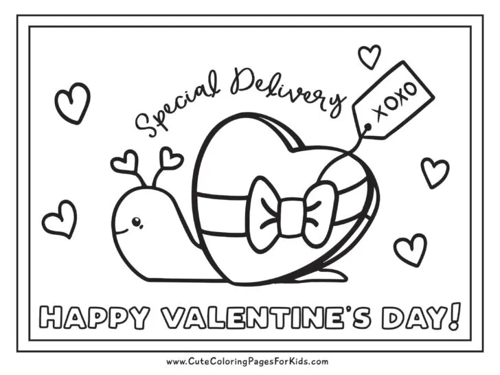 coloring page with simple drawing of a snail carrying a heart-shaped box of chocolates with Happy Valentines Day text