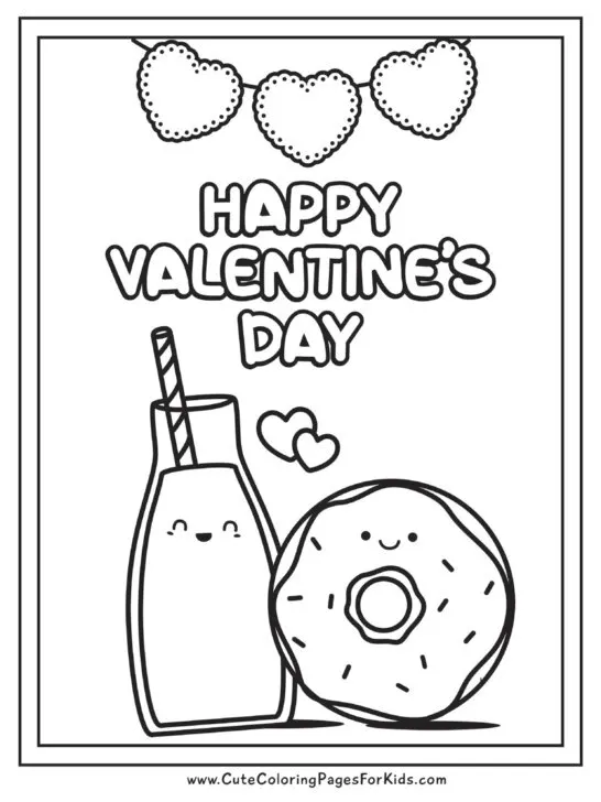easy happy valentine's day coloring page with cute milk and donut