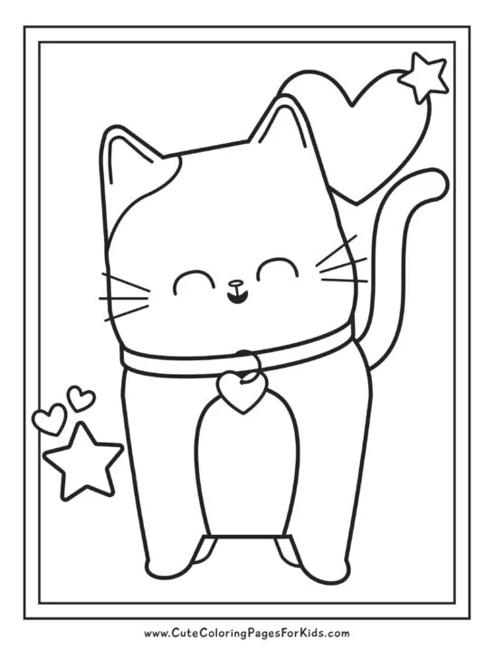 easy cat coloring page with simple hearts and stars shapes 