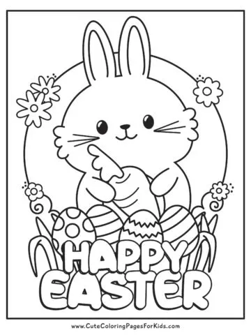 happy easter coloring page with cute bunny holding carrot, sitting in grass with easter eggs and flowers