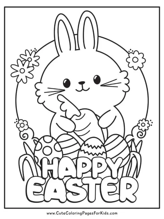 happy easter coloring page with cute bunny holding carrot, sitting in grass with easter eggs and flowers