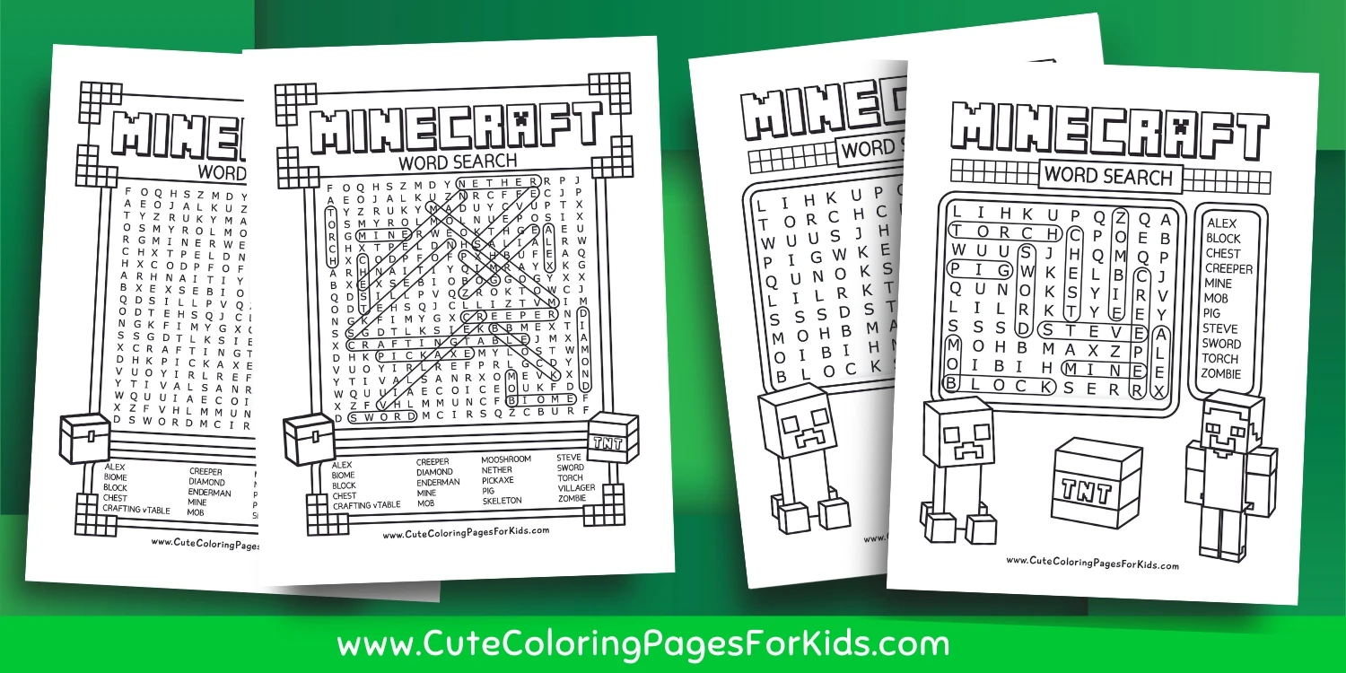 Four pages of Minecraft word searches, showing examples of the answer sheets, on a green background.