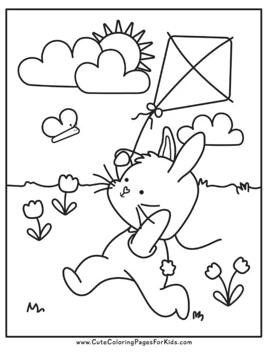 coloring page with drawing of a bunny flying a kite and looking at a butterfly