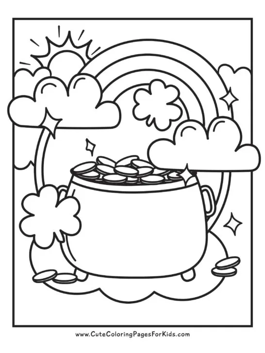 coloring page with rainbow, pot of gold and shamrocks