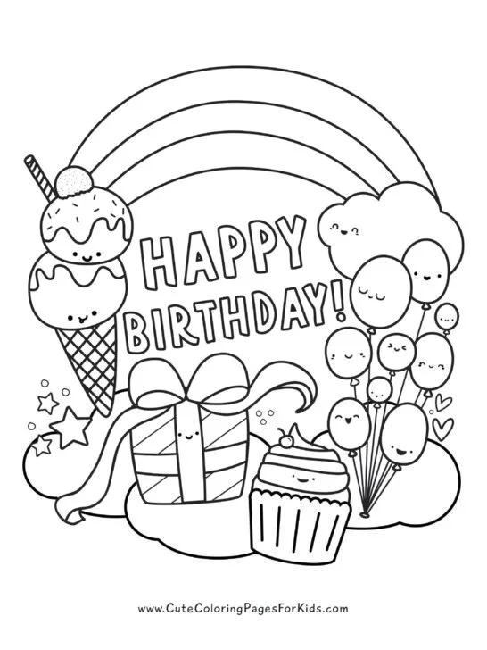 cute happy birthday coloring page with kawaii birthday elements like ice cream cone, present with bow, cupcake, and balloons, plus rainbow and cloud background