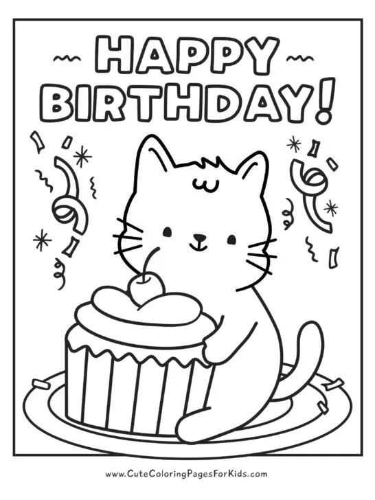 cute kitten birthday coloring page with kitten holding a cupcake and confetti and streamers coming down