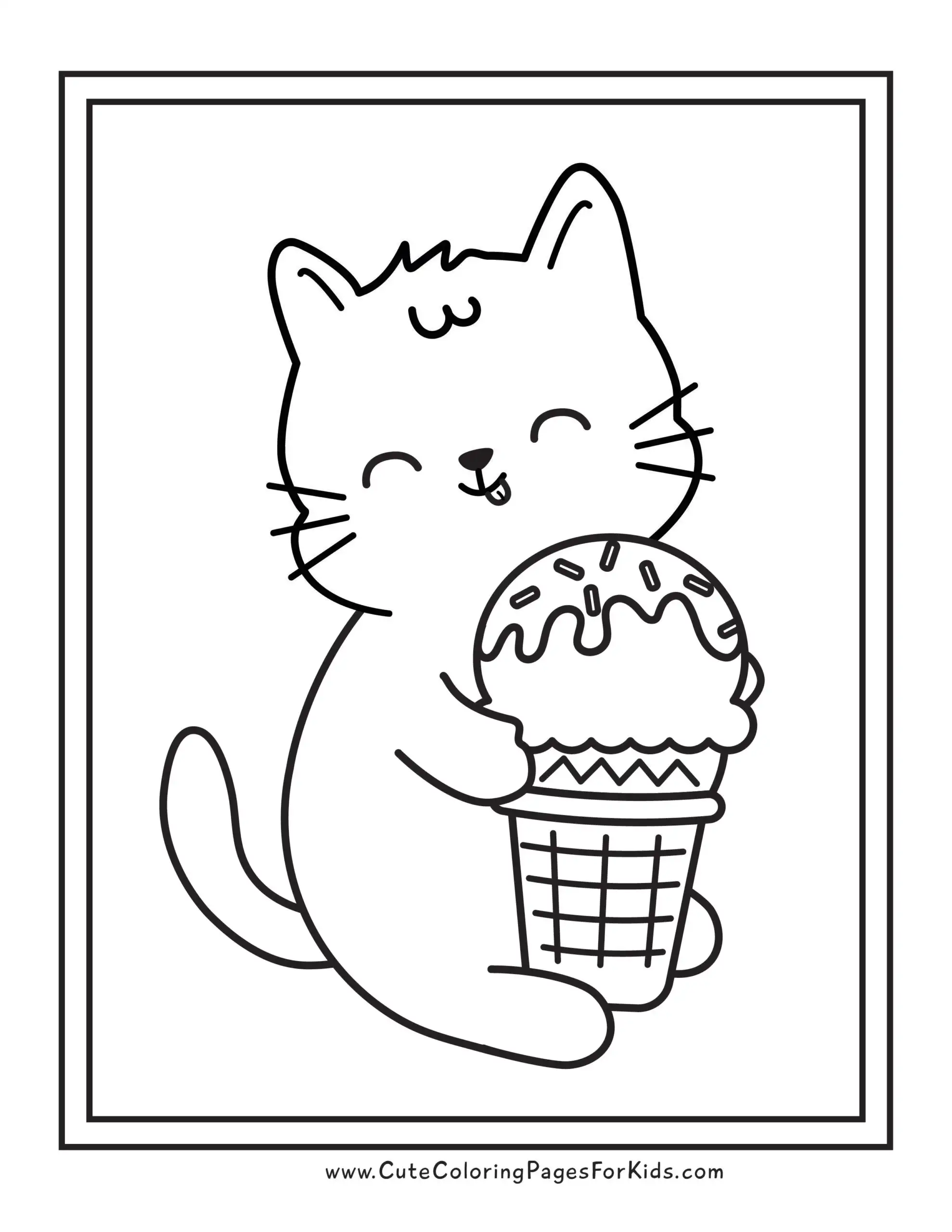 coloring page with cat licking an ice cream cone