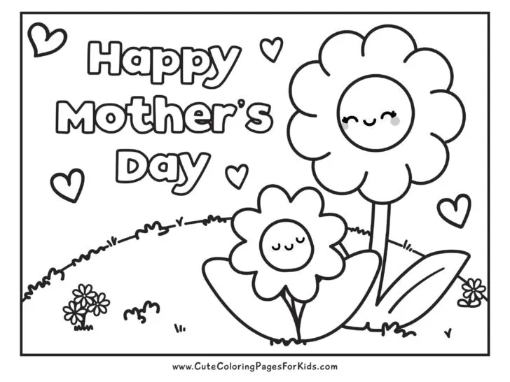 Happy Mother's Day coloring page with cute flowers and hearts