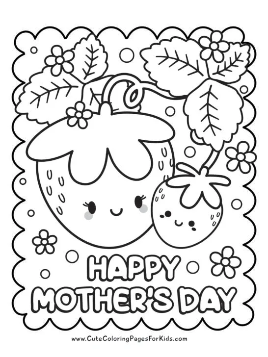 cute Happy Mother's Day coloring page with smiling strawberries