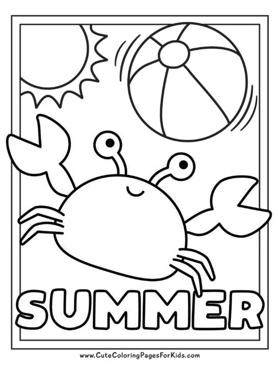 cute crab coloring page with the word Summer and a double lined border
