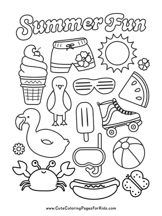 Summer Fun coloring page with cute summer elements, like ice cream, watermelon, hot dog, popsicle, pool float, beach ball, etc.