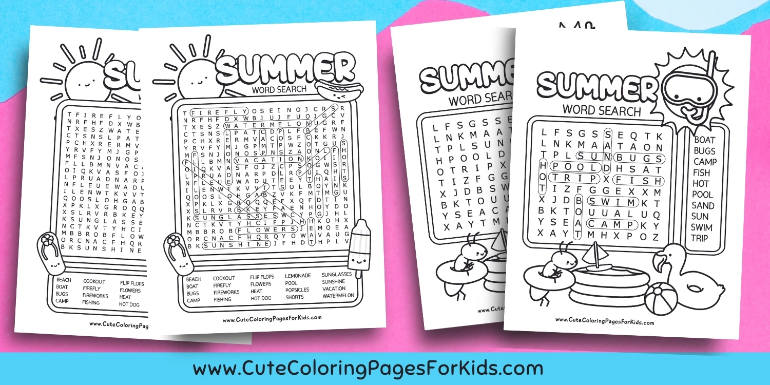 word search sheets for summer with answer sheets on pink and blue wavy background