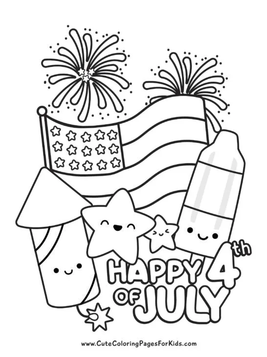 Happy 4th of July coloring page with flag, fireworks, cute bomb pop, firecracker and stars