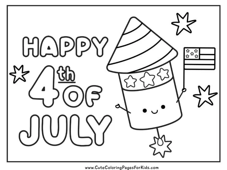 Happy 4th of July simple coloring sheet with firecracker holding usa flag