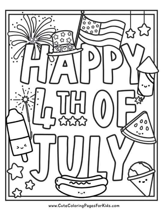 full page coloring sheet with the words Happy 4th of July and many small and cute, smiling characters (ex. hot dog, snow cone, watermelon, bomb pop, firecracker).