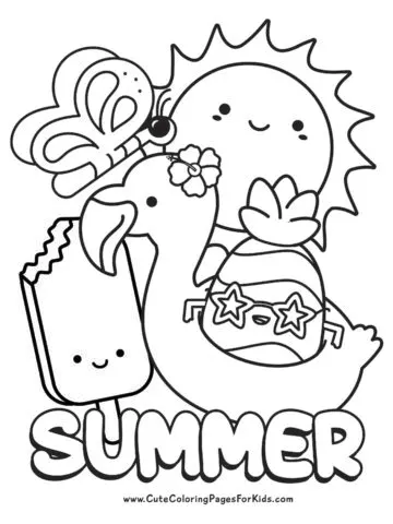 Cute summer coloring sheet with pineapple, ice cream bar, butterfly, flamingo float, and big smiling sun