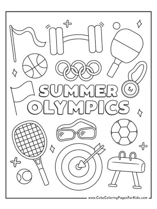 summer olympics coloring sheet with symbols of many olympic sports