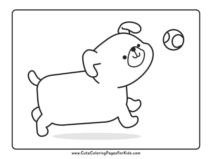 Easy dog coloring page with picture of a dog chasing a ball