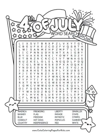 word search puzzle with border and 4th of July illustrations, including a hat, stars, flag, and fireworks.