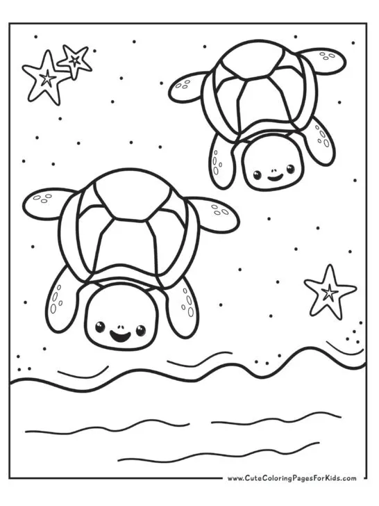 coloring page with picture of baby sea turtles on the beach walking towards the water