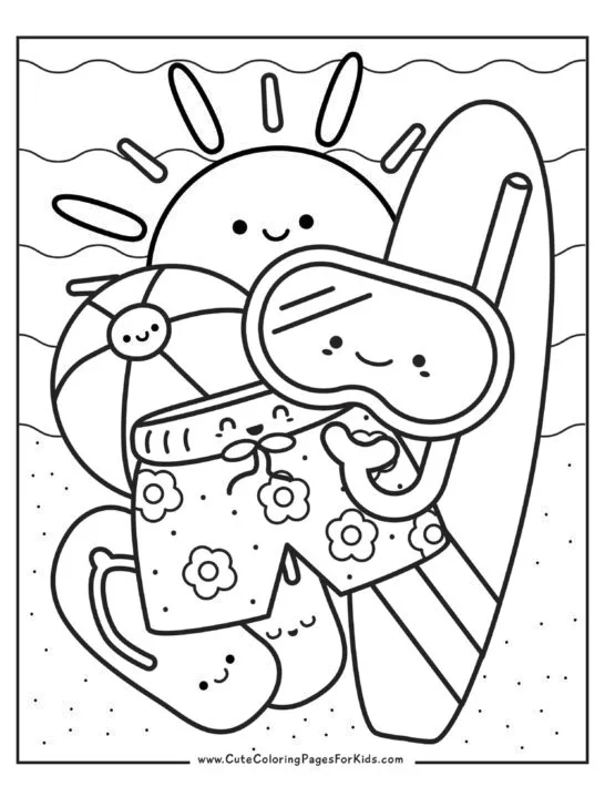beach themed coloring page in kawaii style with happy sun, beach ball, snorkel mask, surf shorts, and flip flops, with a sand and water background.