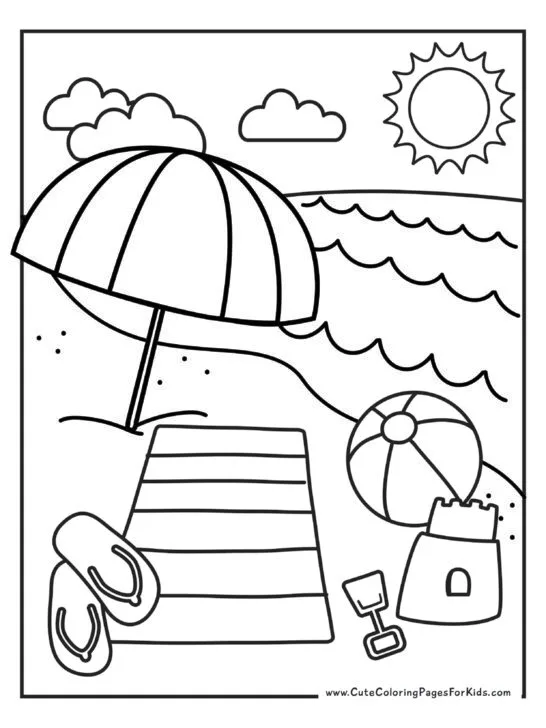 simple beach picture for coloring with umbrella, beach ball, sandcastle, waves, sun, clouds, flip flops, and a beach towel. 