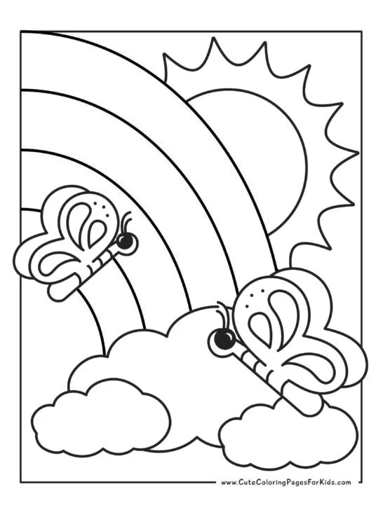 coloring page with rainbow spilling from one side of page and a sun in the background, with two butterflies flying in the foreground