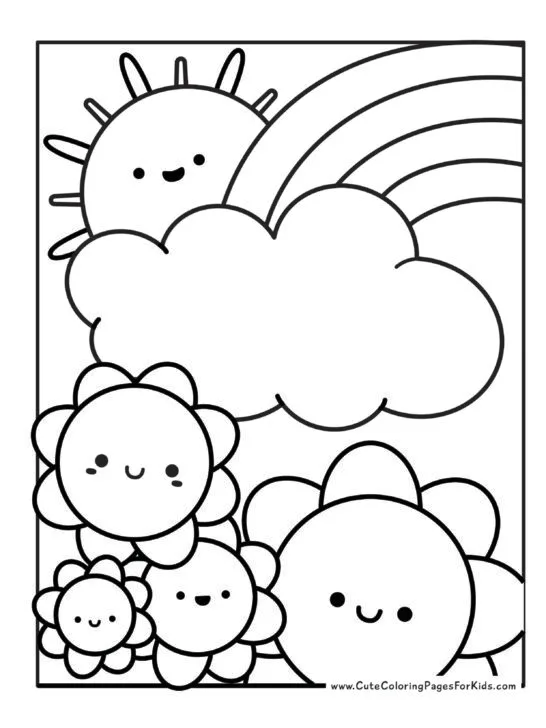 coloring page with rainbow, sun and flowers in kawaii drawing style