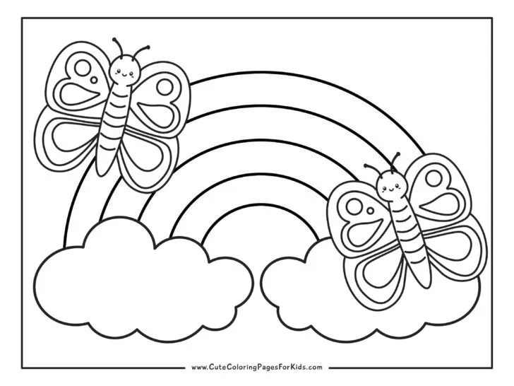 coloring page with picture of large rainbow with two butterflies