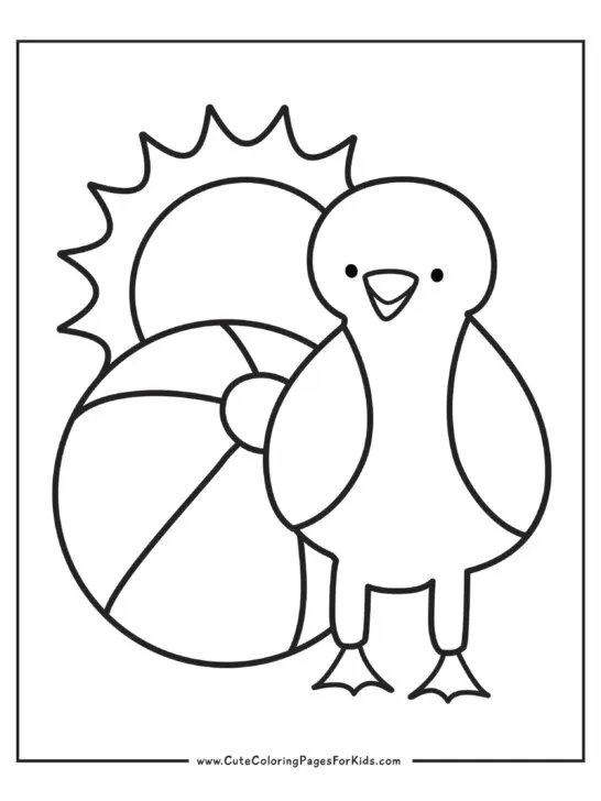 simple coloring sheet with beach ball, seagull, and a sun 