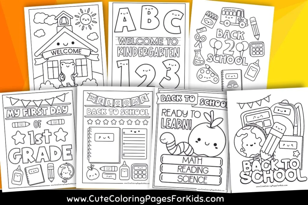 collection back to school coloring sheets with cute illustrations of school supplies and happy characters 