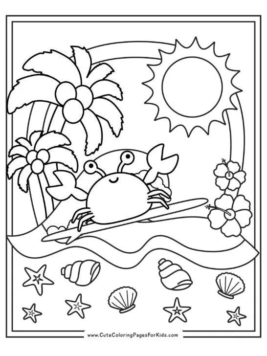 coloring page with a surfing crab at the beach with seashells, palm trees, hibiscus flowers, and a sun.